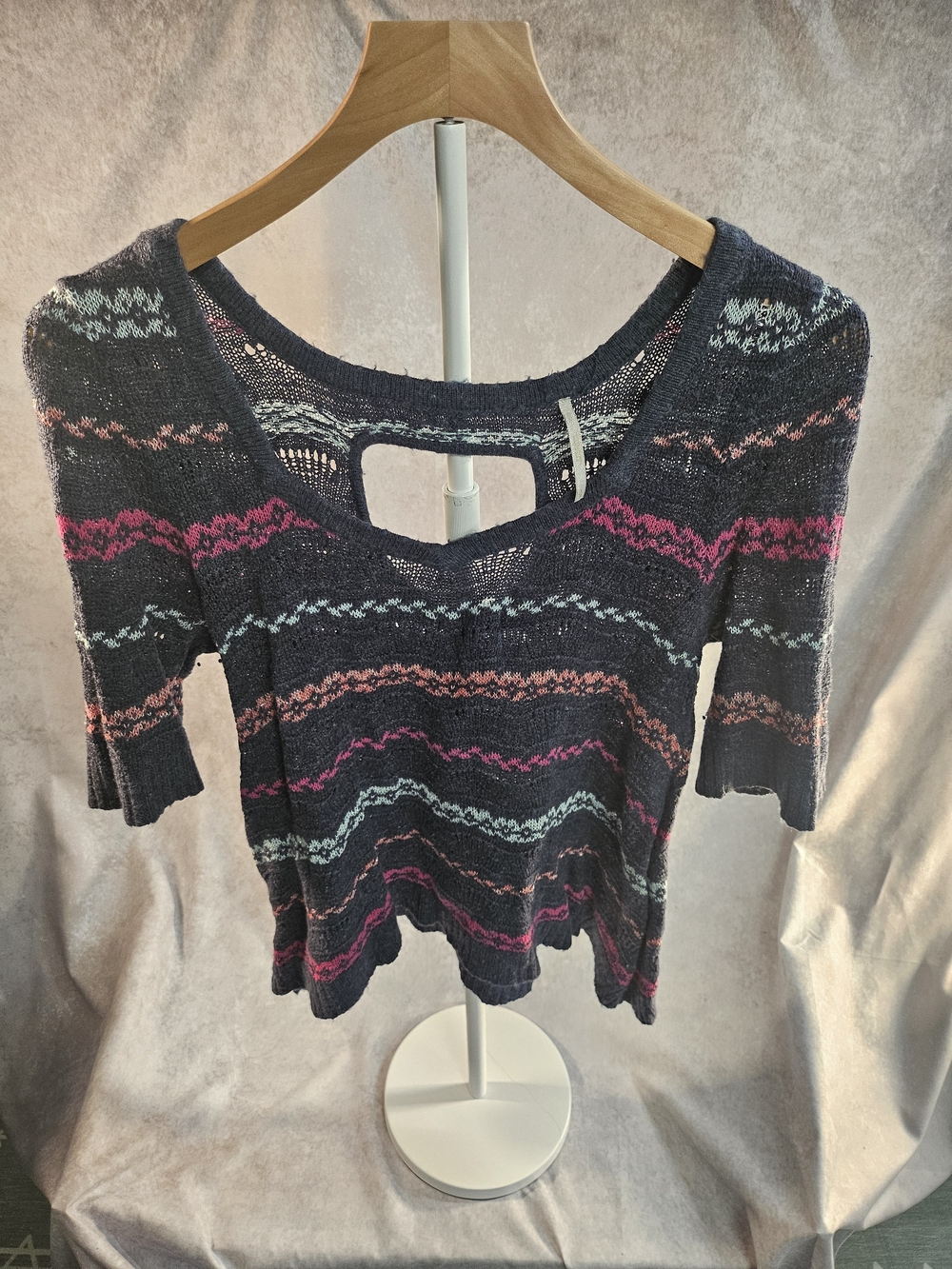 Free People Navy Short Sleeve Knit Top with Pink & Coral Stripes
